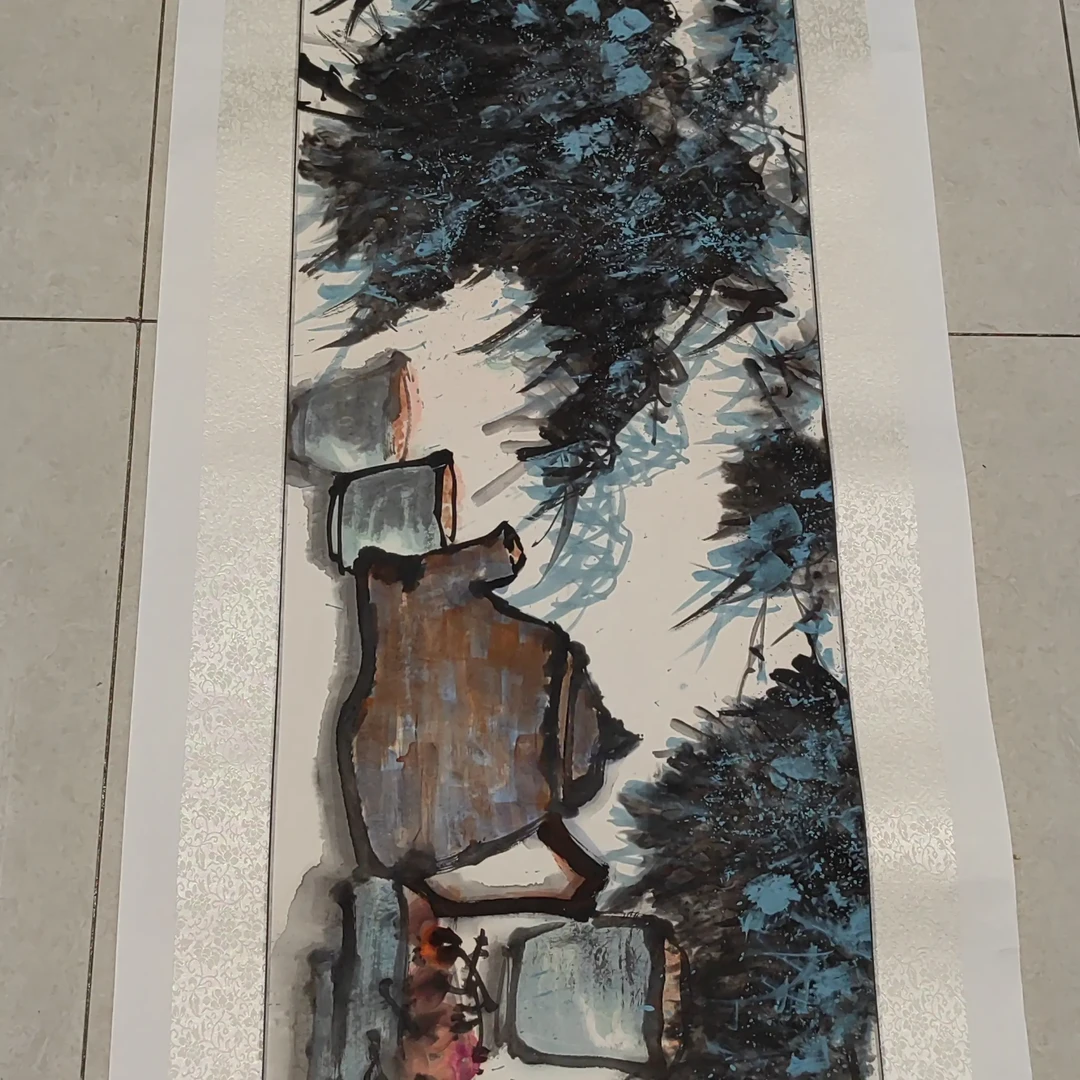 宣纸山水国画写意青绿泼彩四尺三开新中式办公室挂画已托底