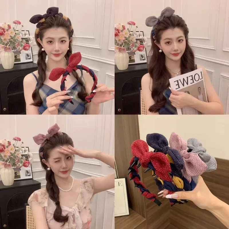 条纹蝴蝶结发箍新款发饰日常外戴头箍带齿防滑发捆头饰拼色发饰