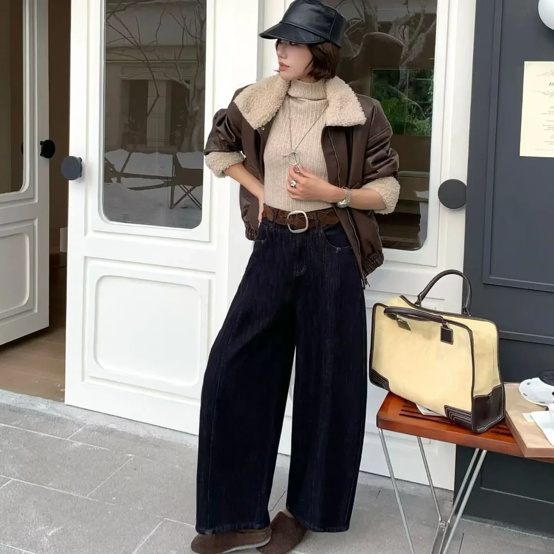 深蓝色阔腿牛仔裤女2025秋季新款大码胖mm显瘦高腰宽松直筒气球裤