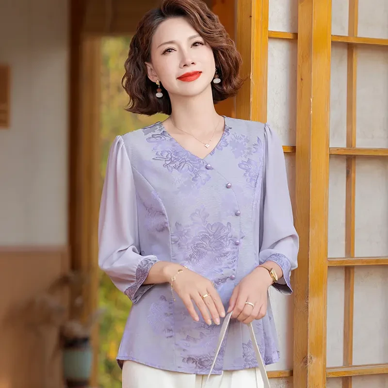 时尚中年妈妈新中式夏装中袖T恤上衣中老年女夏季洋气两件套新款