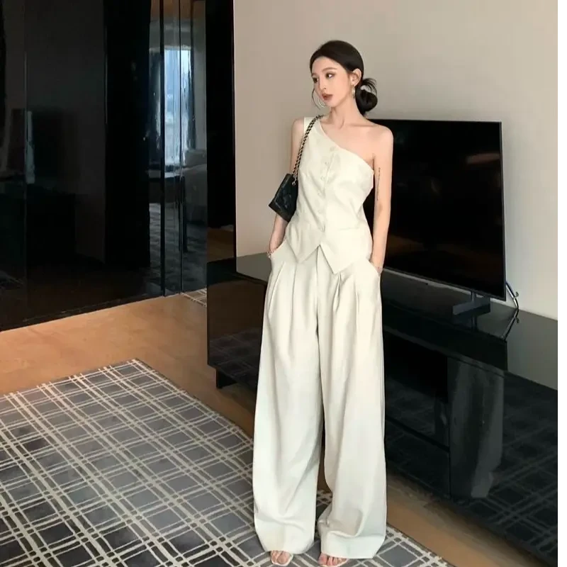 时尚女装夏日气质显瘦洋气斜肩上衣休闲百搭无袖背心垂感宽松长裤