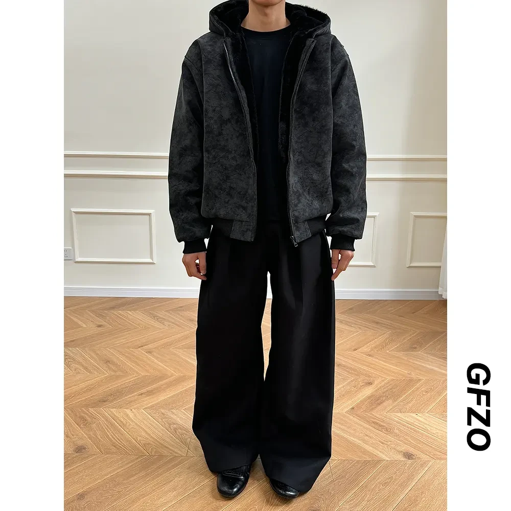 一件过冬~PU皮座山雕男女休闲复古加绒保暖仿兔毛连帽棉衣外套