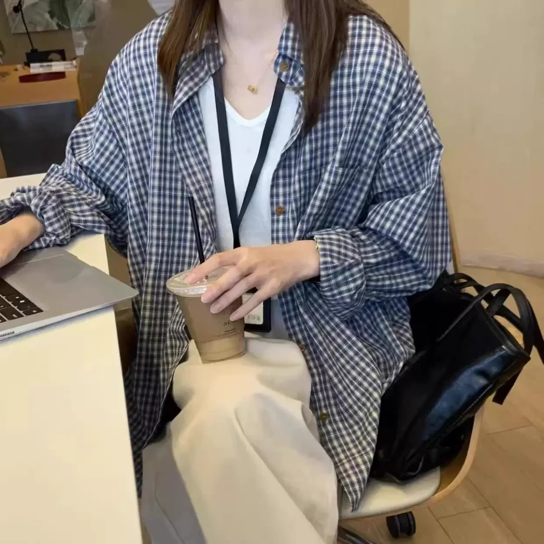 法式高级感格子衬衫外套女2025年新款春季气质衬衣宽松百搭上衣