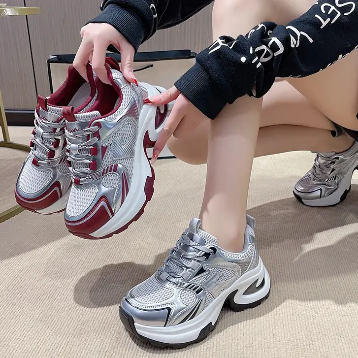 银色老爹鞋女款春季网面学生休闲鞋子女款百搭小众鞋子