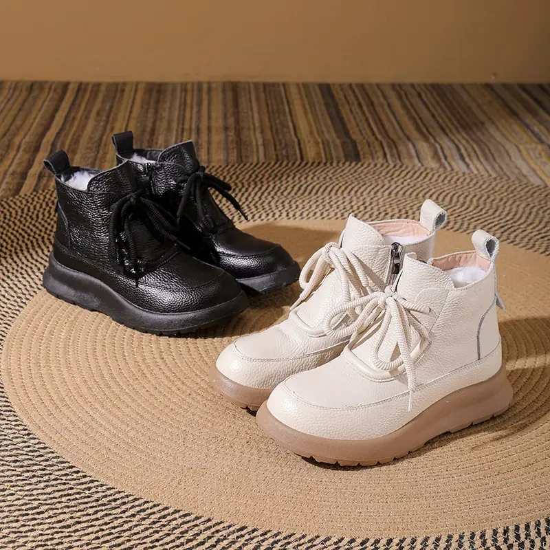 头层牛皮复古百搭休闲雪地靴女鞋冬季棉鞋女拉链款日常保暖