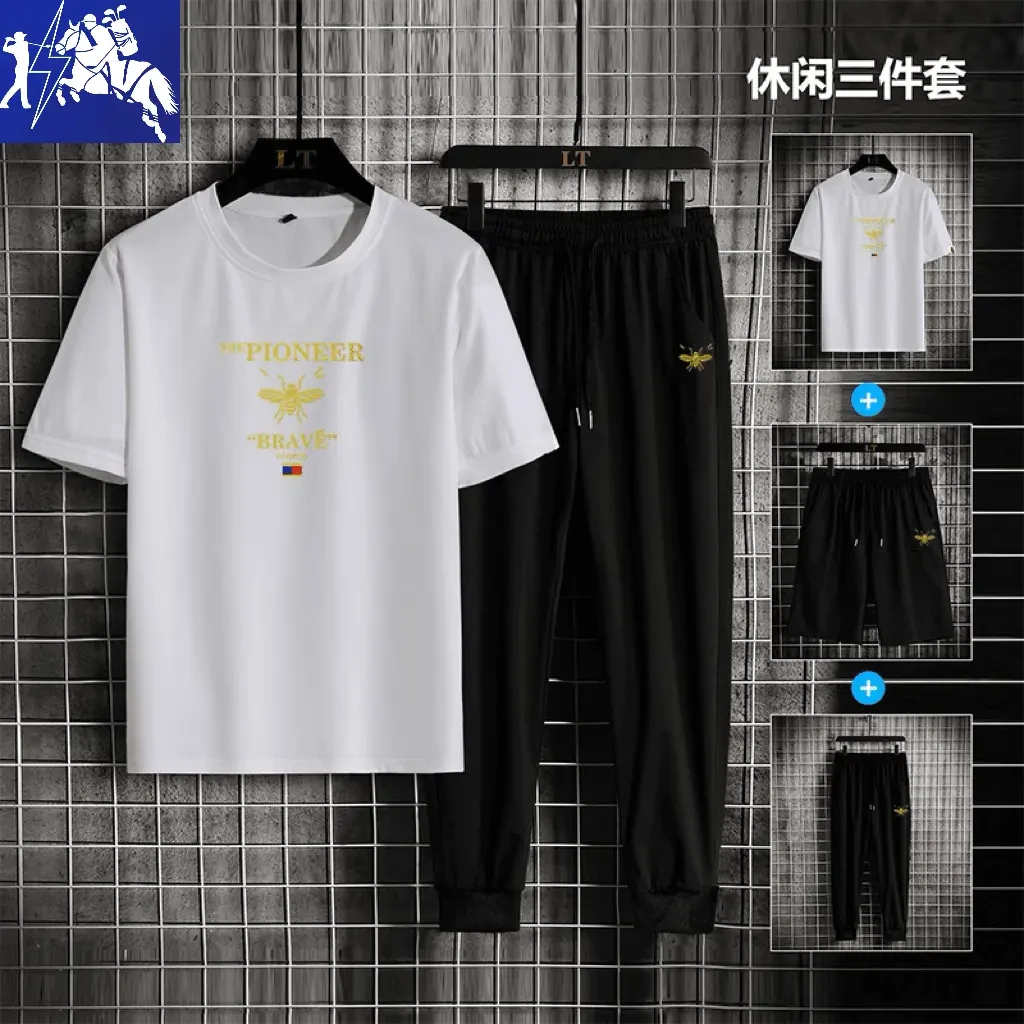 PAULSOUPWILLY/保罗汤威羊夏季透气时尚烫金休闲短袖三件套6635