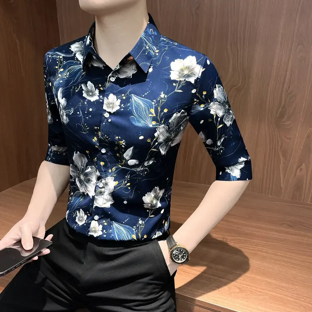 【型男必备】七分袖花衬衫男款英伦雅痞风格男装休闲印花男士衬衣