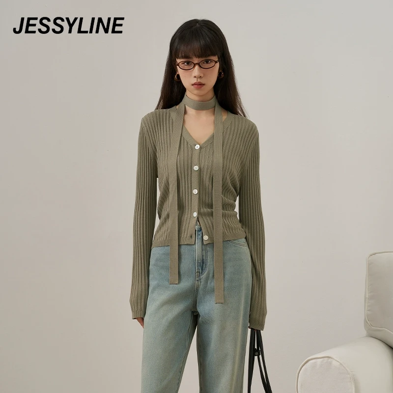 jessyline2025早春新款 杰茜莱短款v领针织开衫女 431104016