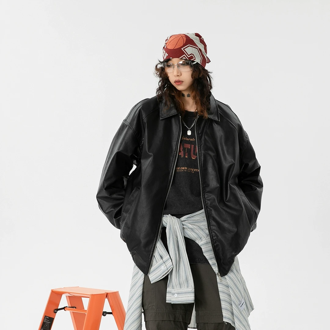 JAANISTE春秋季哈灵顿复古pu皮衣夹克男帅气宽松防水翻领外套女生