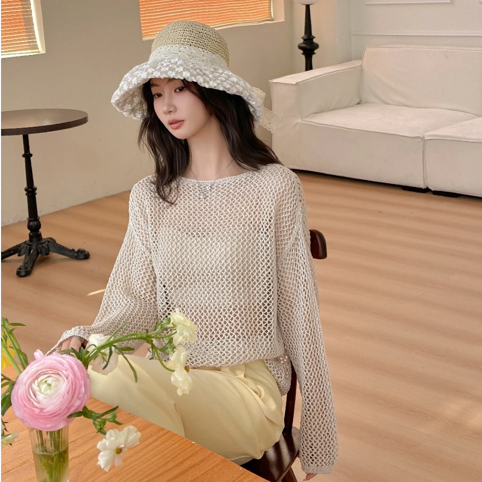 镂空短款打底薄款长款针织衫毛针织衫上衣夏季宽松中长款长袖外搭