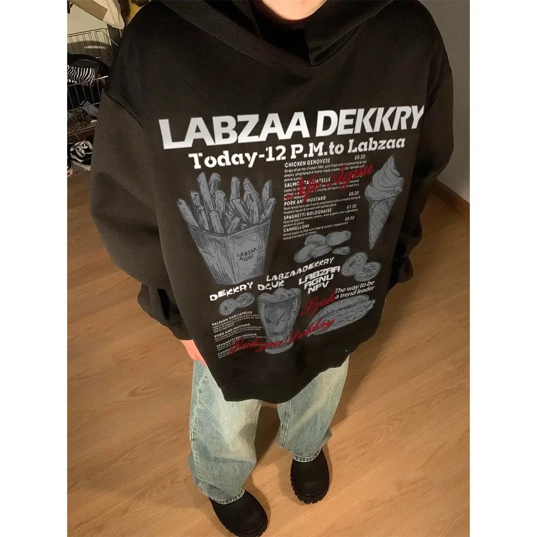 美式复古加绒连帽印花卫衣秋冬男女潮牌高街oversize设计小众上衣