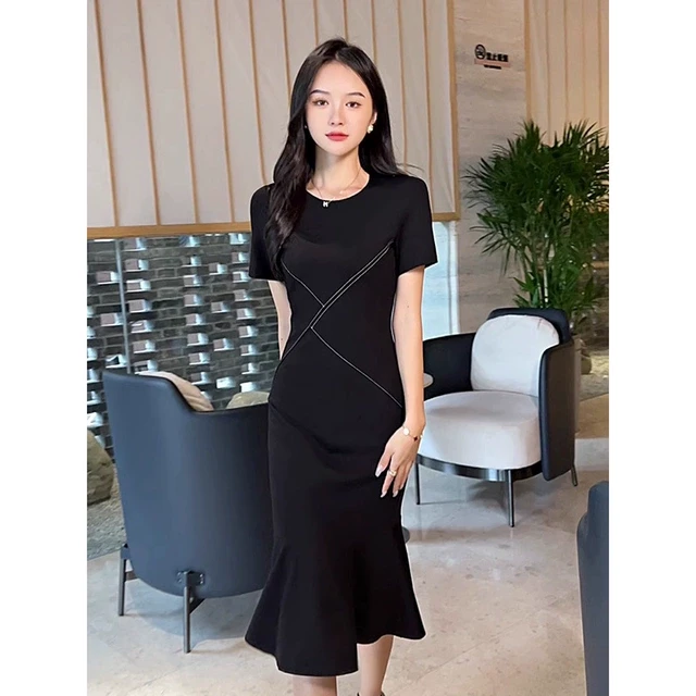 黑色气质收腰包臀鱼尾裙连衣裙干练职业中长款女神范轻奢小黑裙夏
