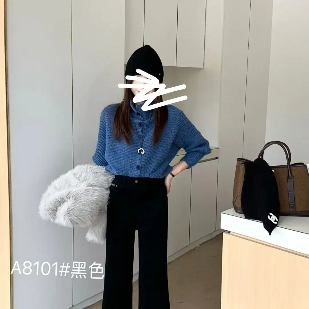 秋季新款高腰弹力微喇牛仔裤阔腿裤黑色女百搭显瘦垂感筒喇裤