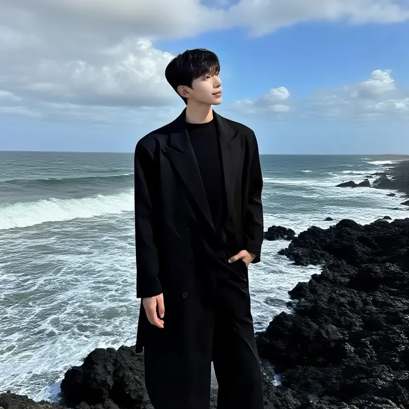 韩版宽松英伦风长款大衣外套春秋男士中长款黑色风衣韩版气质上衣