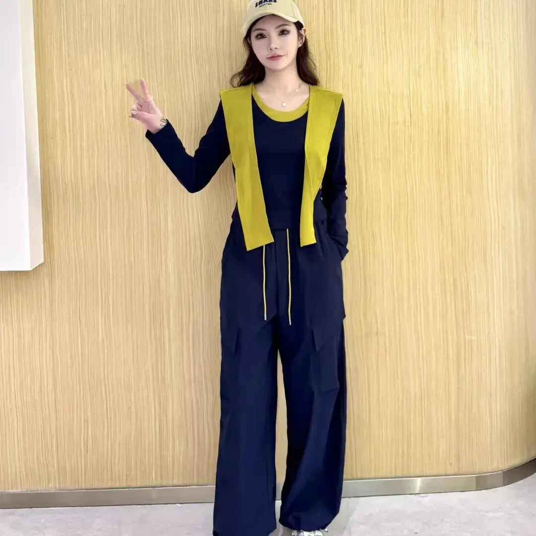 秋季新款上衣休闲披肩T恤工装裤套装女韩版洋气减龄显瘦两件套潮