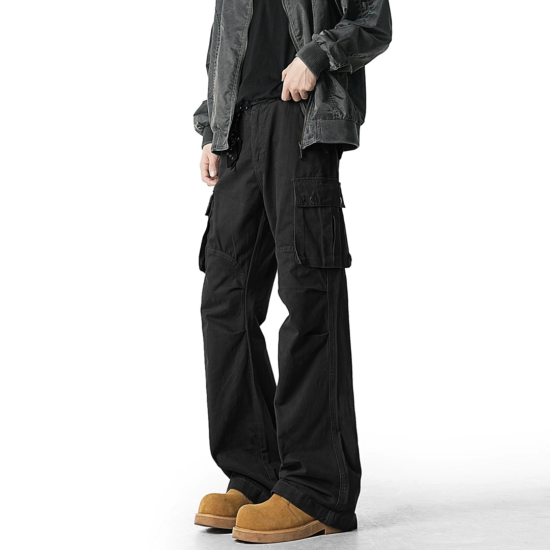 美式复古微喇工装裤男vintage潮牌痞帅设计感修身显瘦弯刀休闲裤