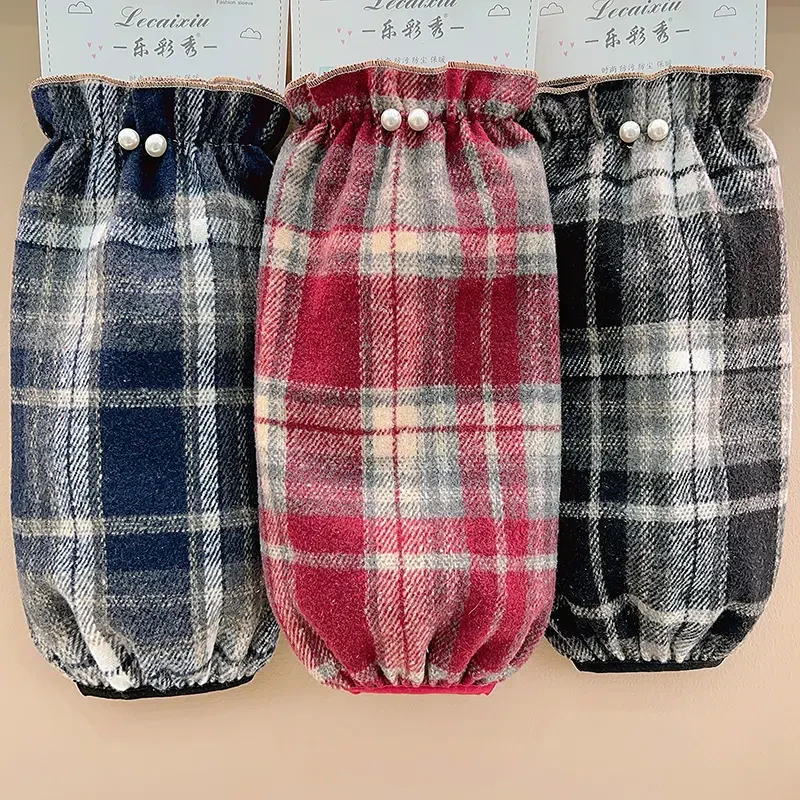 2025复古格纹袖套秋冬家务防脏套袖学生保暧工作防污短款护袖头