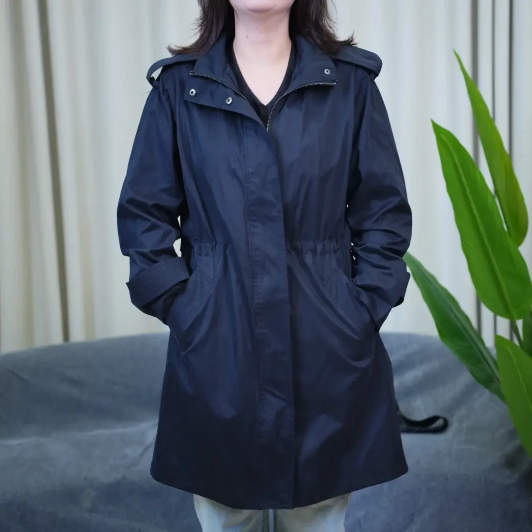 春秋时尚简约连帽中长防风外套休闲舒适