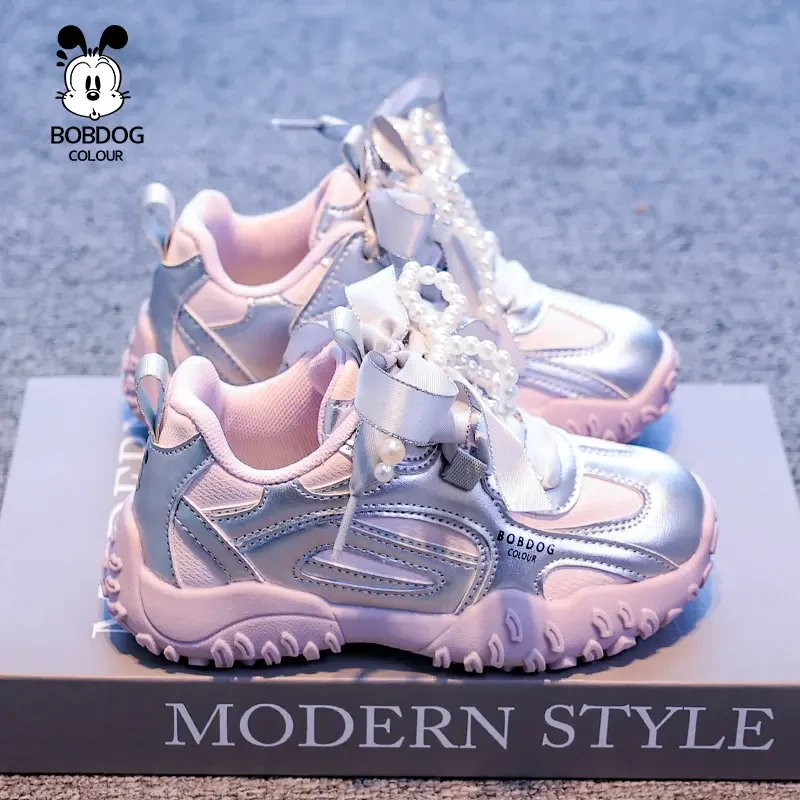 巴布豆卡乐儿童运动鞋珍珠2025春秋女童休闲男童跑步鞋阿甘鞋皮面