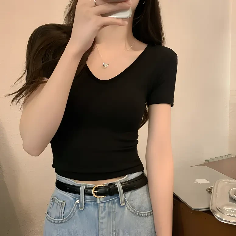 拉夏贝尔原棉V领露脐短袖夏季女高腰短款百搭小个子百搭修身T恤打