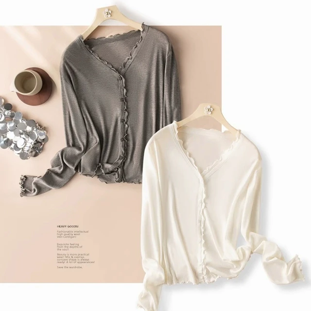 莱赛尔真丝v领针织开衫女夏季2025新款温柔气质木耳边长袖小外搭