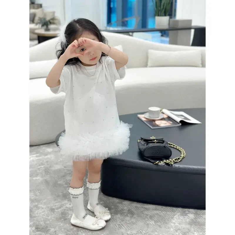 女童夏季法式T恤裙小女孩韩版新款洋气甜美拼接网纱仙气连衣裙