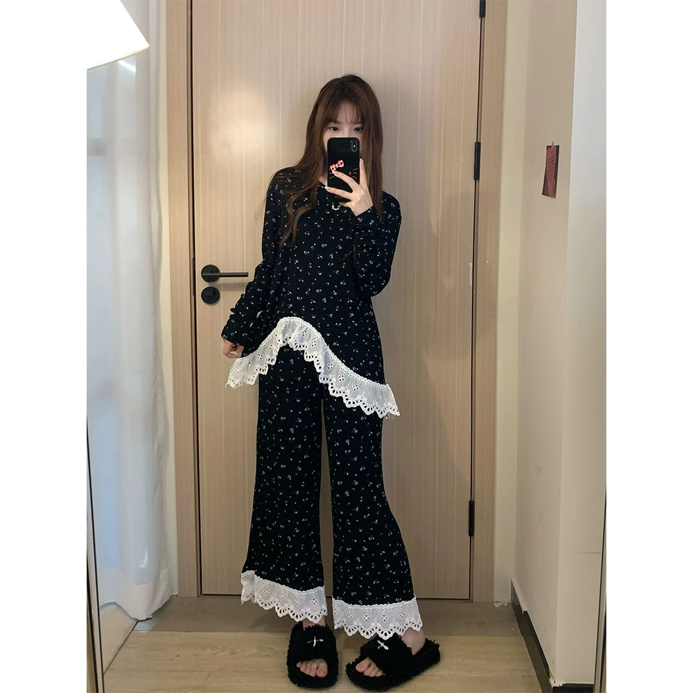 甜美碎花不规则设计感日系睡衣女新款春秋季休闲舒适家居服套装