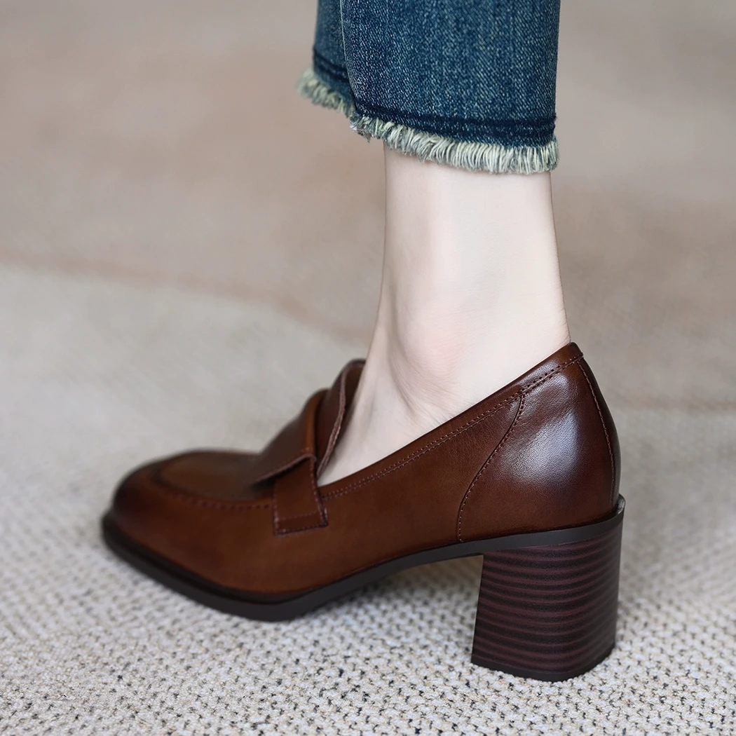 高跟鞋女2025春新款通勤牛皮一脚蹬单鞋深口方头粗跟乐福鞋