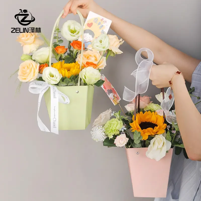 三八女神节防水牛皮手提袋花艺沙龙鲜花手提袋康乃馨花束插花盒