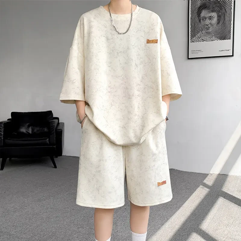 扎染重磅短袖t恤短裤两件套男夏季美式男士夏季套装爆款2025新款