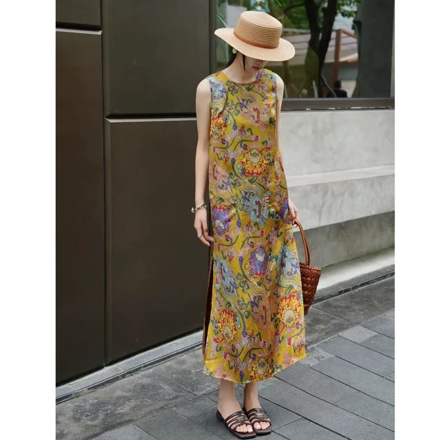 2025夏季新款新中式国风复古印花旗袍背心连衣裙优雅名媛女士长裙