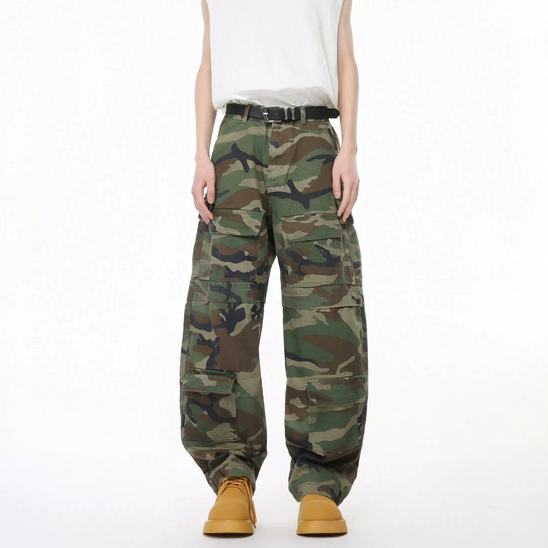 Voguo Relay 弯刀裤多口袋迷彩工装裤韩版宽松阔腿牛仔裤男女