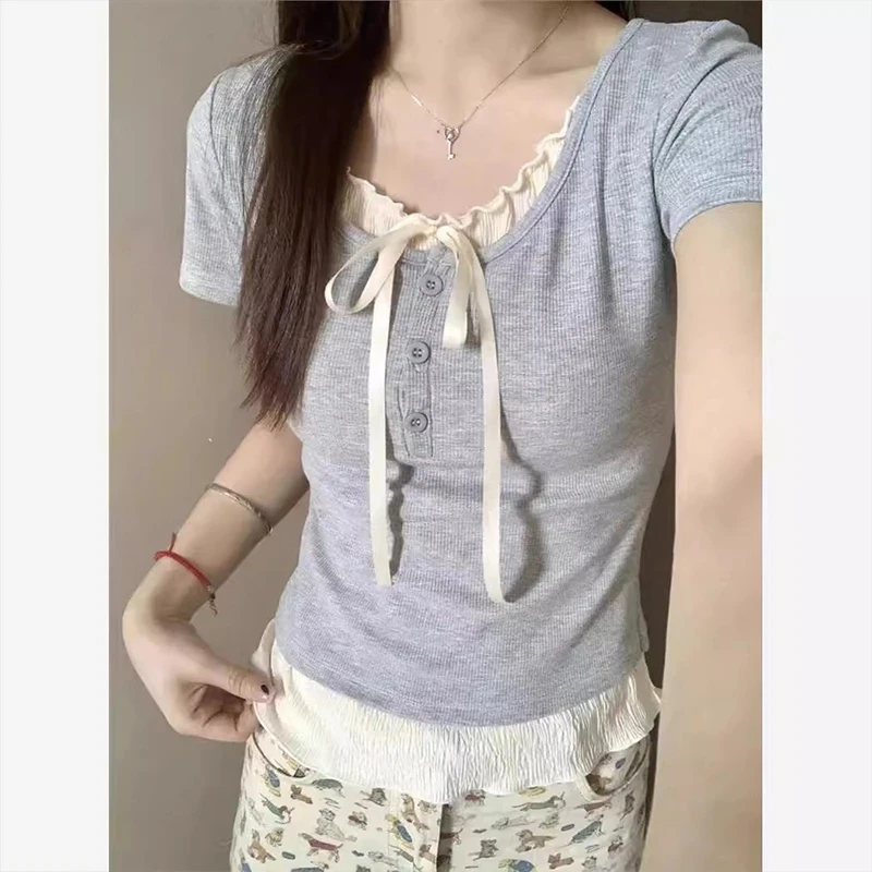 假两件正肩短袖带胸垫t恤女装夏季小个子设计感小众显瘦百搭上衣