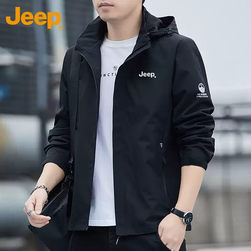 Jeep吉普男士夹克潮牌连帽宽松冲锋外套春季新款防风运动上衣服男