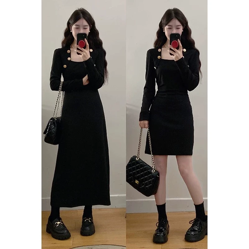 【新年穿搭】微胖妹妹大码方领针织连衣裙女春内搭修身打底包臀裙子