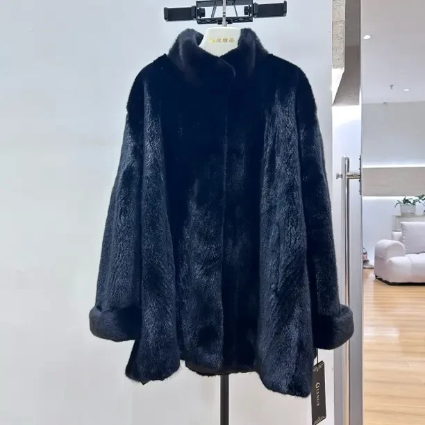 立翻领女士中长款进口天鹅绒级水貂皮草外套时尚百搭秋