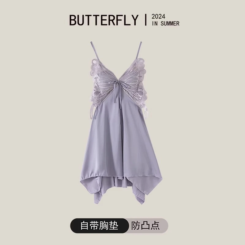 双112024爆款新款小野猫丝纯欲蝴蝶吊带睡裙美背吊带睡衣带胸垫