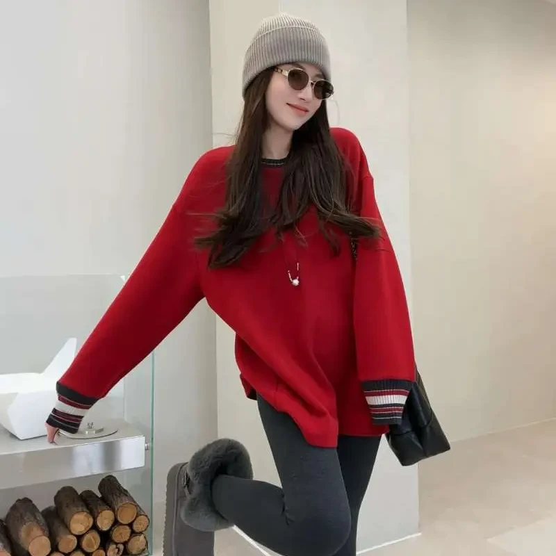韩系慵懒风撞色拼接圆领加绒卫衣女秋冬宽松百搭中长款打底上衣
