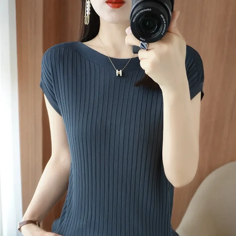 曙【正品】曲珠冰丝夏季女款T恤针织衫女一字领套头宽松上衣背心417