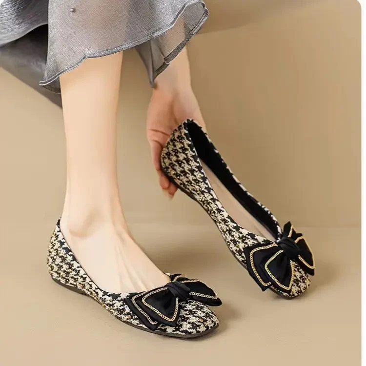 春季小香风千鸟格方头百搭平底单鞋气质优雅玛丽珍软底瓢鞋女-2