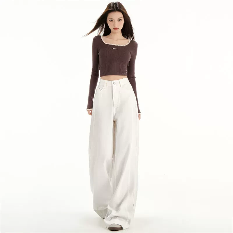 PVJ白色三防阔腿牛仔裤女2025春季新款高腰百搭小个子宽松直筒裤