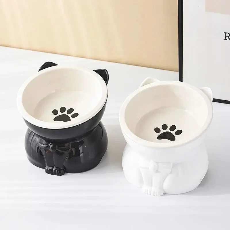 猫碗陶瓷猫食盆高脚斜口护颈防猫咪饭碗防打翻黑下巴宠物狗喝水碗