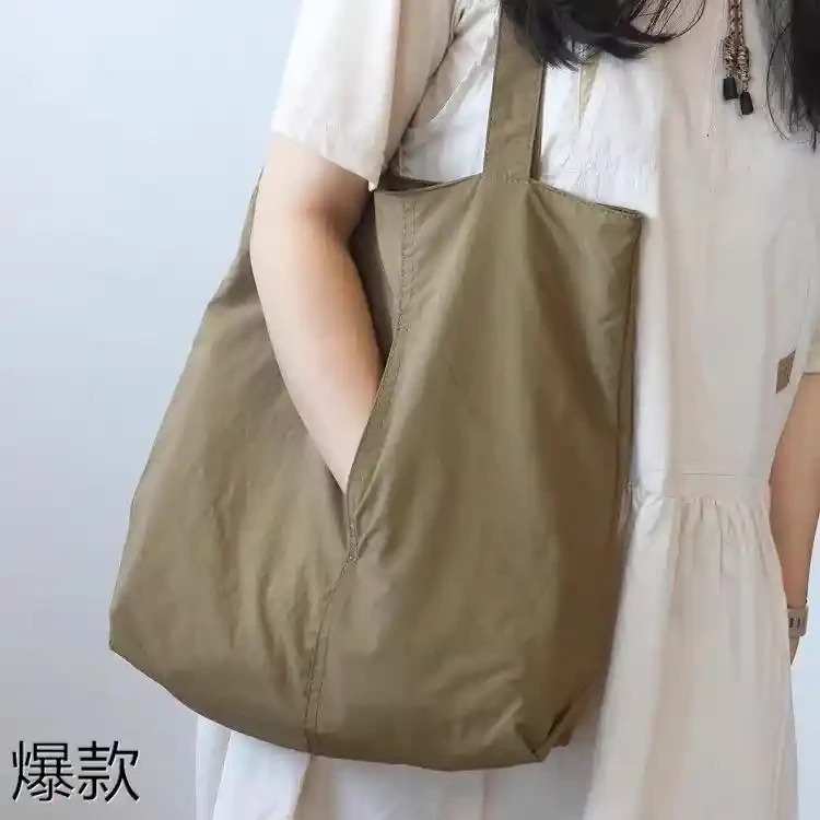 日系复古防水轻便购物袋尼龙布大容量单肩托特包多口袋通勤腋下包