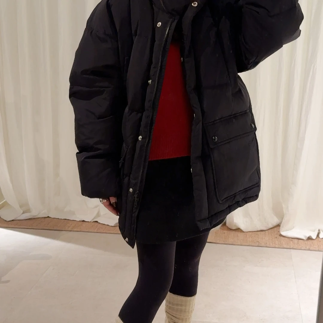韩国正品 黑色鹅绒羽绒保暖百搭冬季新款腰部抽绳说中长外套