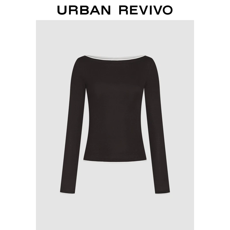 UR2025春季新款女装欧若风简约休闲撞色领修身长袖T恤UWM450017