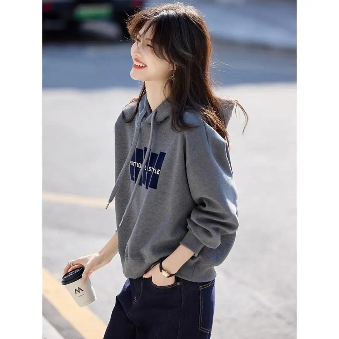 抽绳印花连帽卫衣女春装2025新款宽松休闲帽衫小个子百搭显瘦上衣