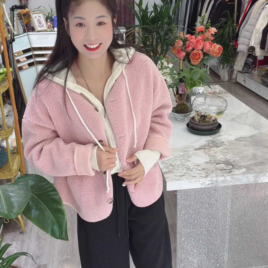 粉色外套女秋冬季宽松慵懒风加厚保暖皮毛一体