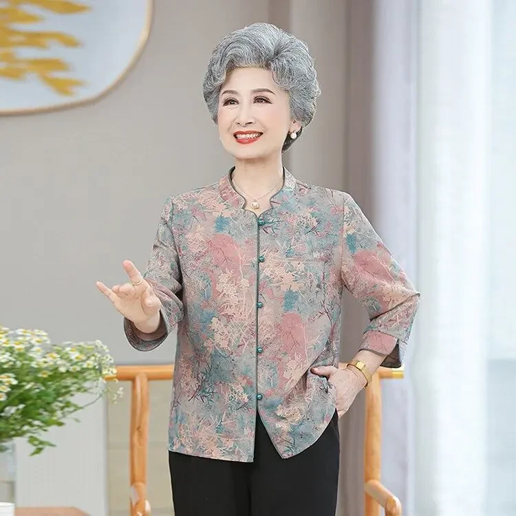 老年人洋气新中式国风妈妈装衬衫夏季60到80岁奶奶装薄款中袖套装