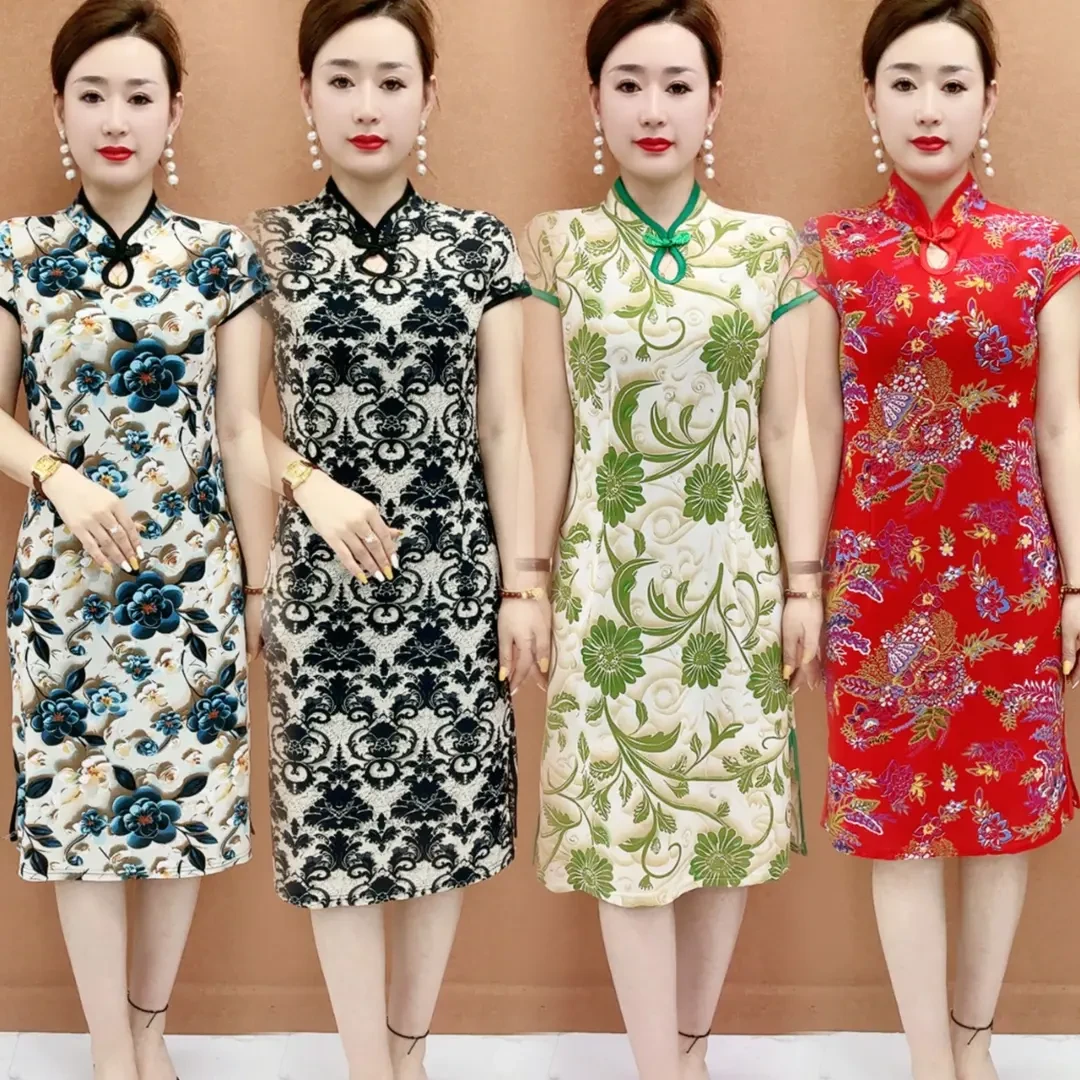 2025妈妈新中式夏季短袖连衣裙改良旗袍时尚气质复古过膝裙子