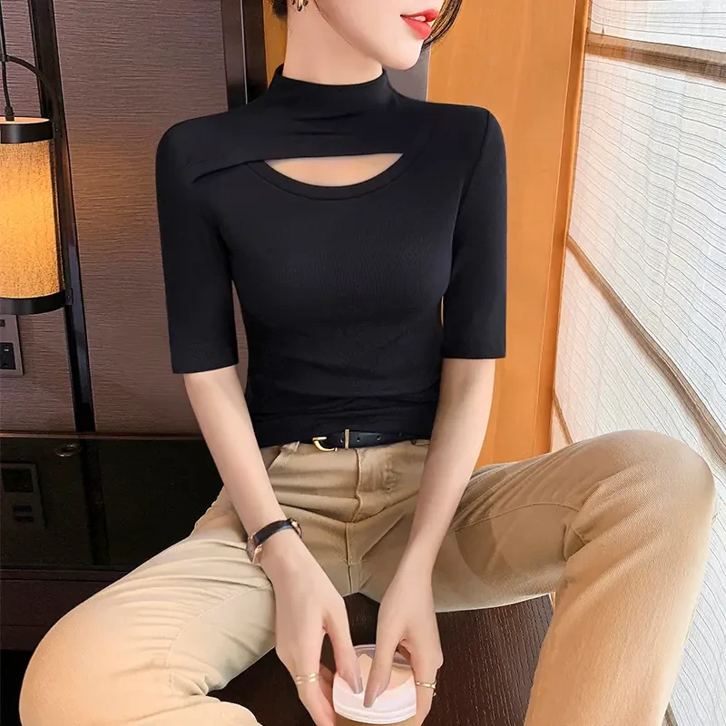 镂空半高领中袖打底衫女内搭春秋季2025新款修身百搭半袖t恤上衣